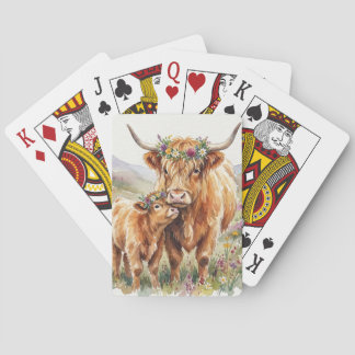 Floral Highland Cow Mother & Calf Rustic Farmhouse Playing Cards