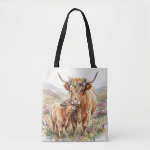 Floral Highland Cow Mother & Calf Rustic Farmhouse Tote Bag