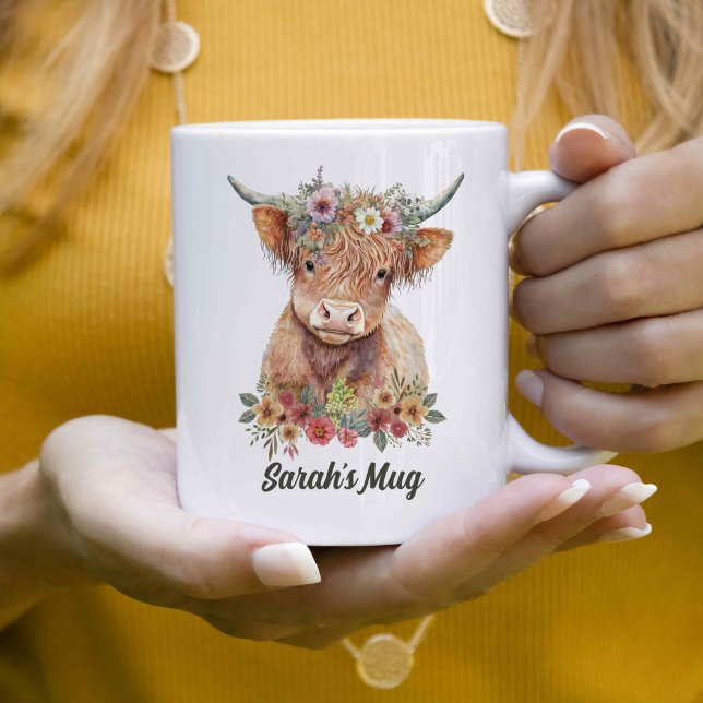 Floral Highland Cow Personalised Coffee Coffee Mug (Creator Uploaded)