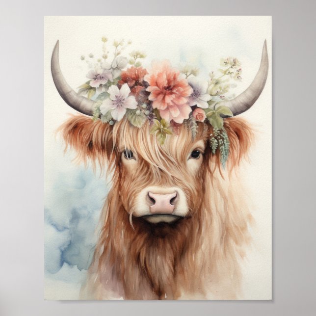 Floral Highland Cow Poster (Front)