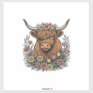 Floral Highland Cow Vintage Engraving Design_1