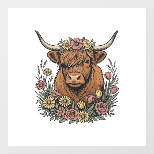 Floral Highland Cow Vintage Engraving Design_1