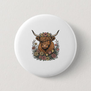 Floral Highland Cow Vintage Engraving Design_1 6 Cm Round Badge