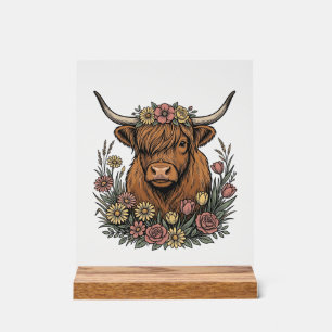 Floral Highland Cow Vintage Engraving Design_1 Acrylic Sign
