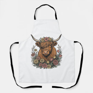 Floral Highland Cow Vintage Engraving Design_1 Apron