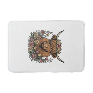 Floral Highland Cow Vintage Engraving Design_1 Bath Mat