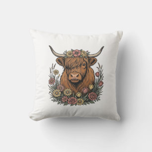 Floral Highland Cow Vintage Engraving Design_1 Cushion