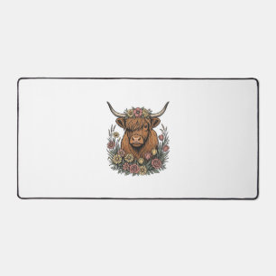 Floral Highland Cow Vintage Engraving Design_1 Desk Mat