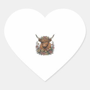 Floral Highland Cow Vintage Engraving Design_1 Heart Sticker