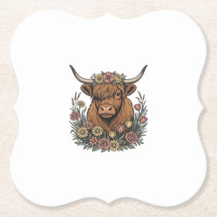 Floral Highland Cow Vintage Engraving Design_1 Paper Coaster