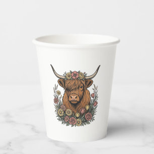 Floral Highland Cow Vintage Engraving Design_1 Paper Cups