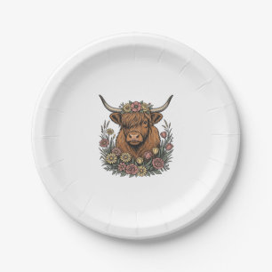 Floral Highland Cow Vintage Engraving Design_1 Paper Plate