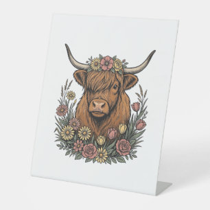 Floral Highland Cow Vintage Engraving Design_1 Pedestal Sign