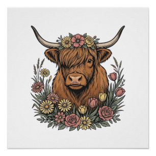Floral Highland Cow Vintage Engraving Design_1 Poster