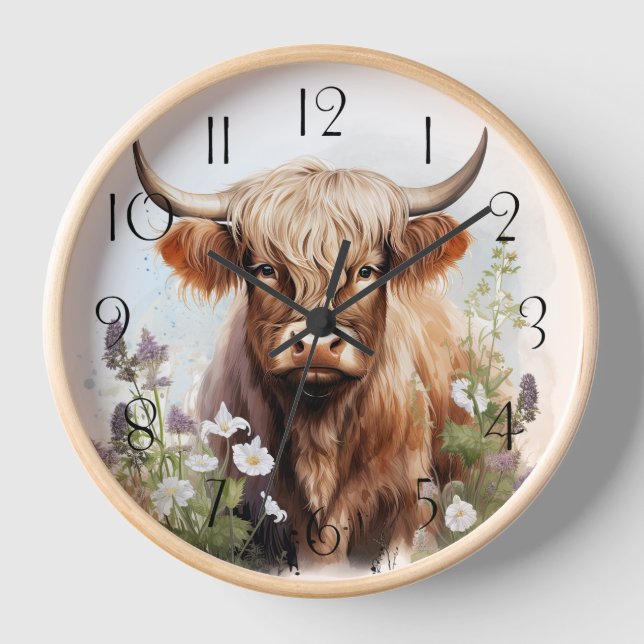 Floral Highland Cow Watercolor Clock (Front)