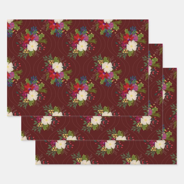 floral holiday bouquet gift wrap red 3 pack (Set)