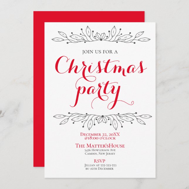 Floral Holiday Christmas Red Grey Party Minimal Invitation (Front/Back)