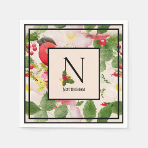 Floral Holiday Monogram Letter N Family Name Paper Napkin