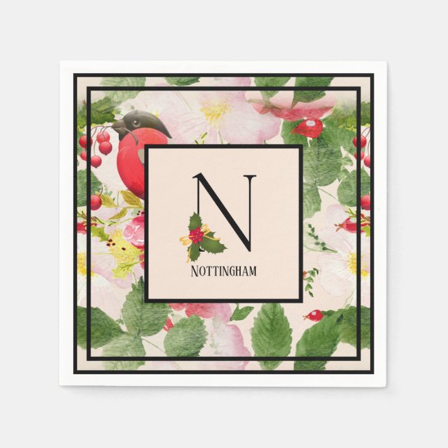Floral Holiday Monogram Letter N Family Name Paper Napkin (Front)