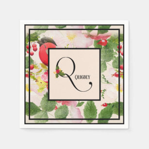 Floral Holiday Monogram Letter Q Family Name Paper Napkin