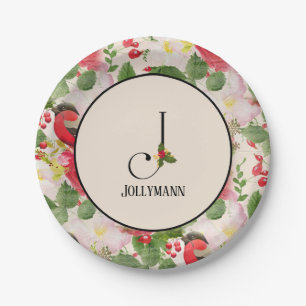 Floral Holiday Pattern Monogram Initial J Paper Plate