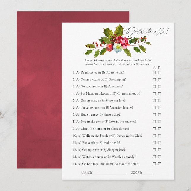 Floral Holly Christmas Bridal Shower Game Invitation (Front/Back)