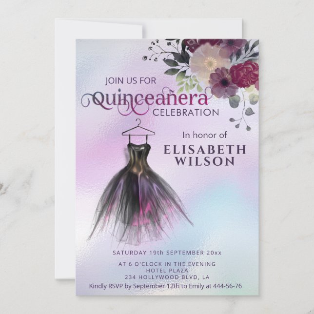 Floral holographic adorable dress Quinceañera  Invitation (Front)