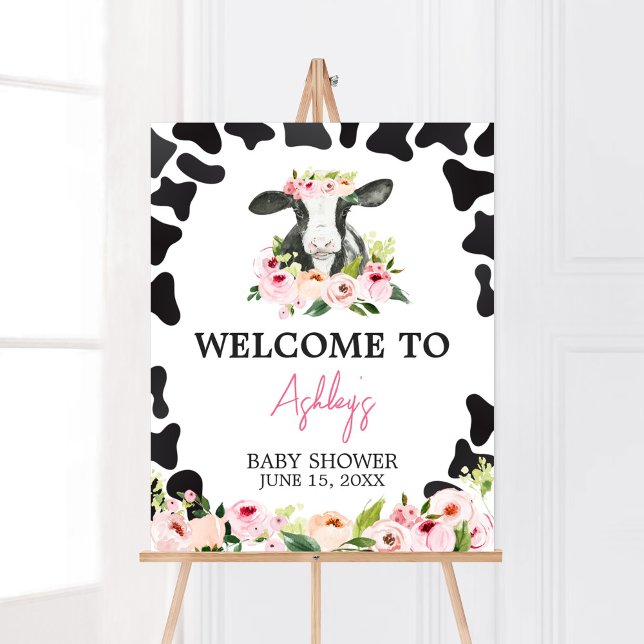 Floral Holy Cow Baby Shower Welcome Poster (Floral Highland Cow Baby Shower Welcome Sign)