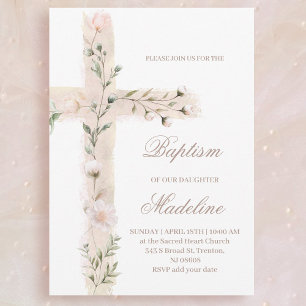 floral Holy cross Baptism Invitation