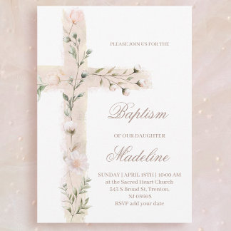 floral Holy cross Baptism Invitation