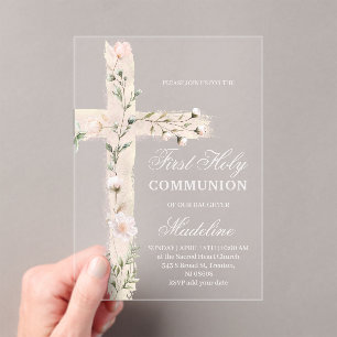 floral Holy cross First Communion Acrylic Invitations