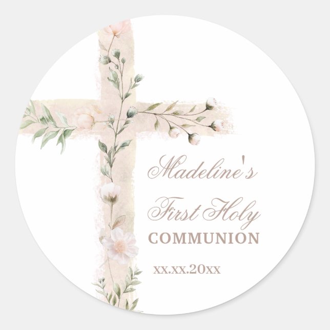 floral Holy cross First Communion Classic Round Sticker (Front)