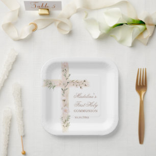 floral Holy cross First Communion Paper Plate