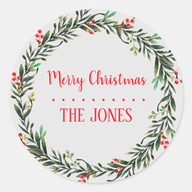 Floral Holy  Wreath | Personalized Christmas Classic Round Sticker (Front)