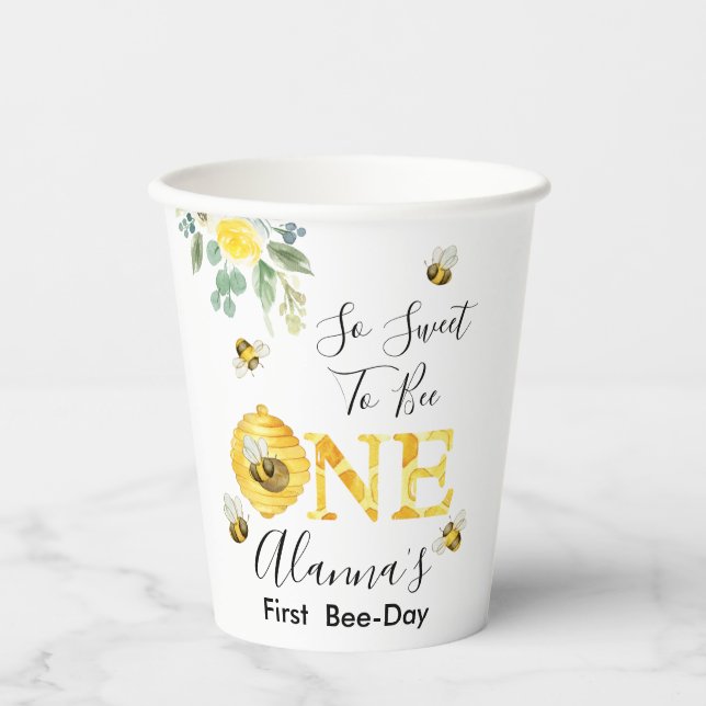 Floral Honey Bee First Bee-day Birthday Paper Cups (Front)