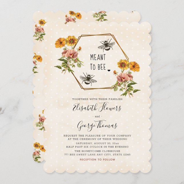 Floral Honey Bee Wedding Invitations (Front/Back)