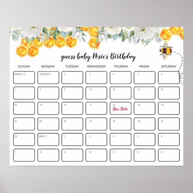 Floral Honeycomb | Baby Shower Birthday Guessing  Poster (Front)