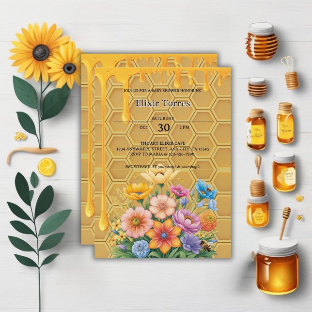 Floral Honeycomb Honeybee Honey Drip Baby Shower Invitation (Creator Uploaded)