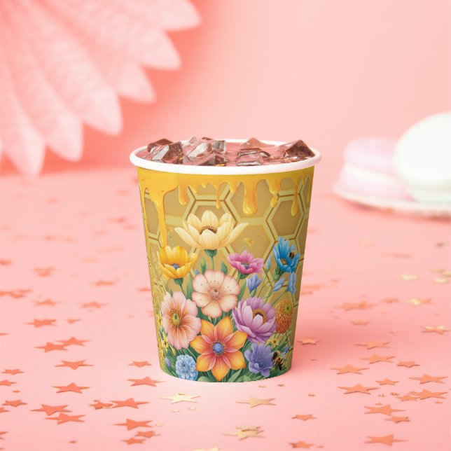 Floral Honeycomb Honeybee Honey Drip Baby Shower Paper Cups (Insitu)