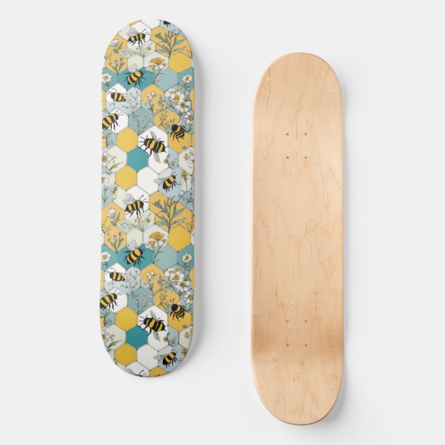 Floral Honeycomb with Bees Yellow and Teal Skateboard (Front)