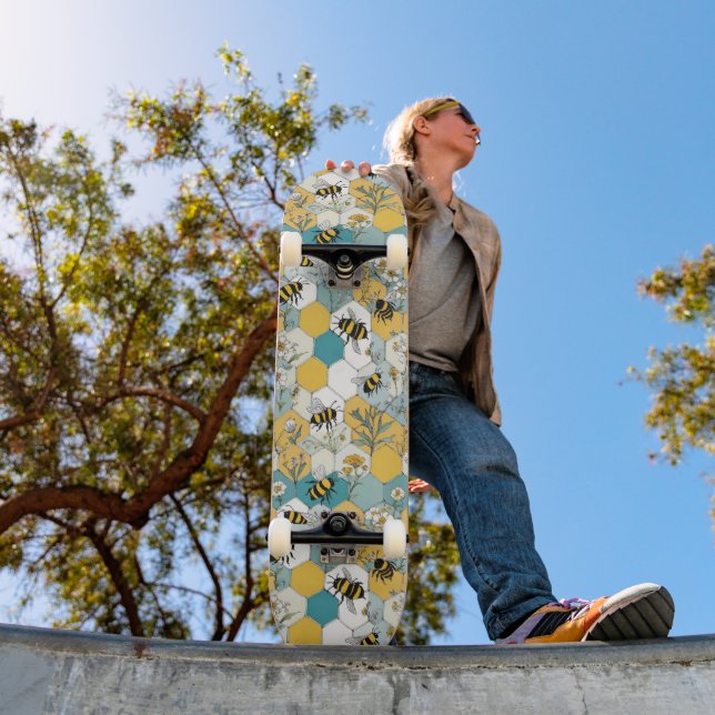 Floral Honeycomb with Bees Yellow and Teal Skateboard (Outdoor 1)