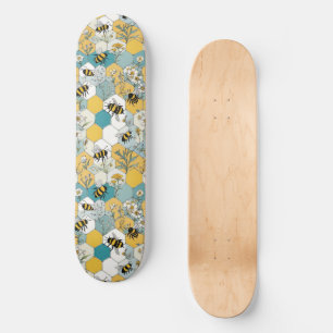 Floral Honeycomb with Cute Bees pattern Skateboard