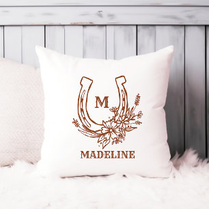 Floral Horseshoe Brown Country Western Monogram Cushion