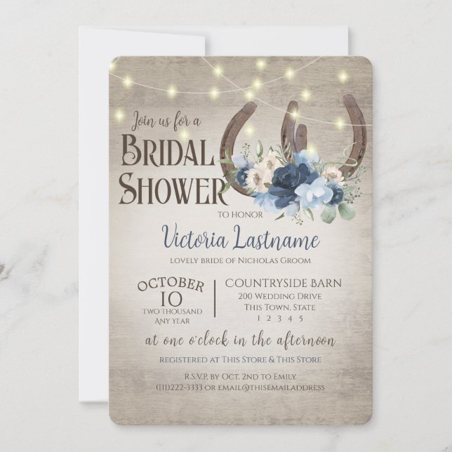 Floral Horseshoes and Lights Rustic Barn Wood Invitation (Front)