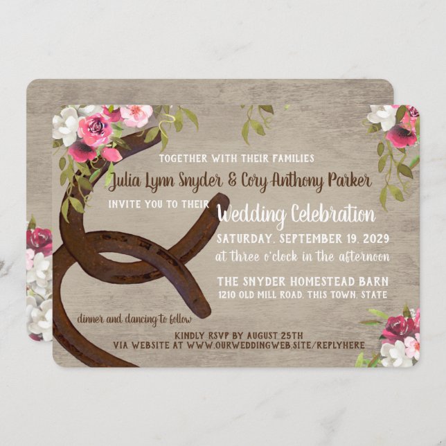 Floral Horseshoes Rustic Wedding Invitation (Front/Back)