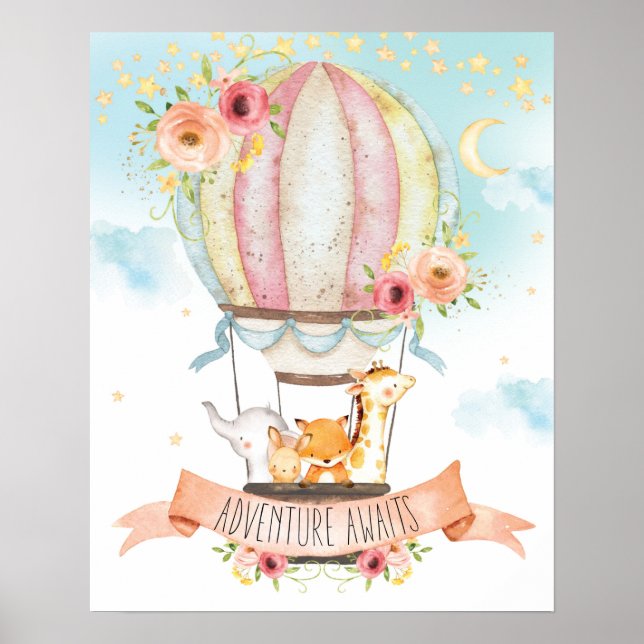 Floral Hot Air Balloon Animals Adventure Awaits Poster (Front)