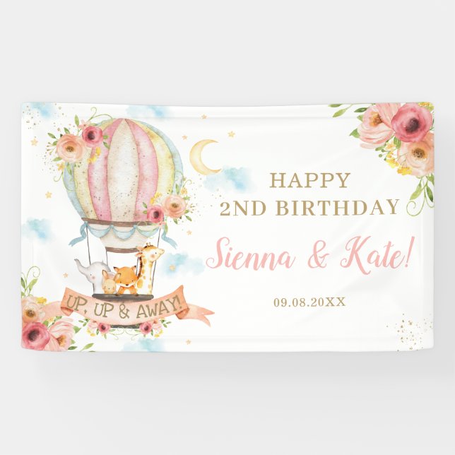 Floral Hot Air Balloon Animals Birthday Backdrop B Banner (Horizontal)