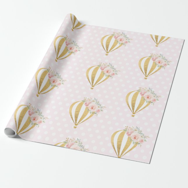 Floral Hot Air Balloon Baby Shower 1st Birthday Wrapping Paper (Unrolled)