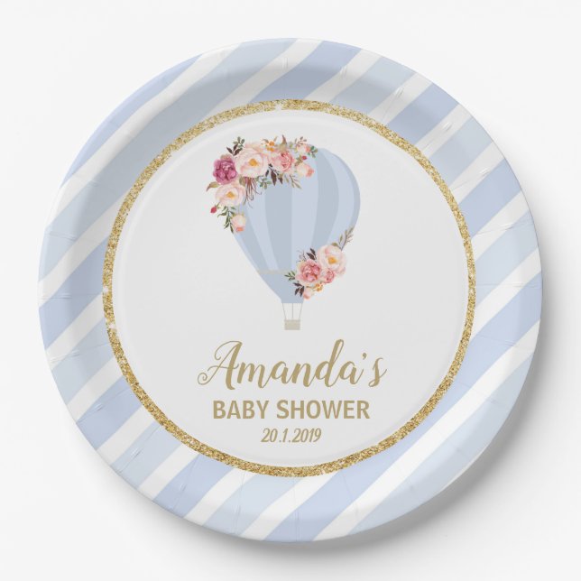 Floral Hot Air Balloon Baby Shower Blue Boy Paper Plate (Front)