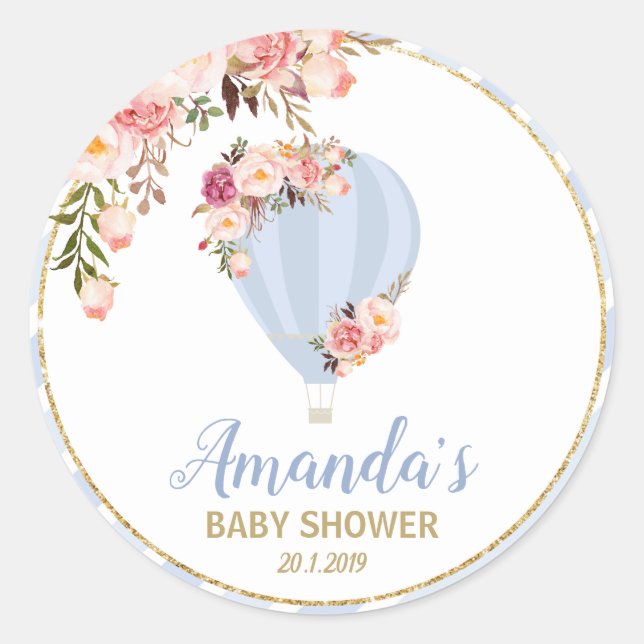 Floral Hot Air Balloon Baby Shower Blue Thank You Classic Round Sticker (Front)